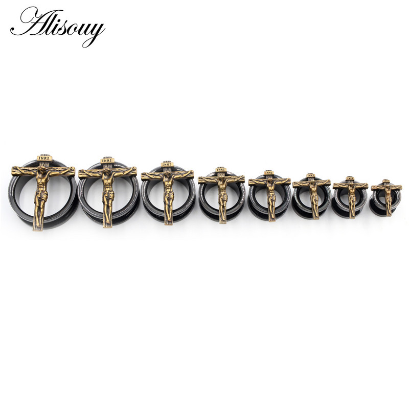 Alisouy 2τμχ 8-25mm Μαύρος Σταυρός από ανοξείδωτο ατσάλι Jesus Ξεβιδώστε Σήραγγες αυτιού Βύσματα Expander Φορείο Gauges Body Piercing Jewelry