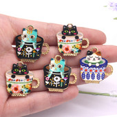 Amestecați 10 buc/pachet cești drăguțe imprimate din aliaj de pisici, pandantiv din metal cu animale din desene animate, pentru breloc pentru cercei, fabricarea de bijuterii DIY