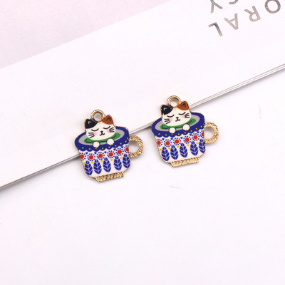 Amestecați 10 buc/pachet cești drăguțe imprimate din aliaj de pisici, pandantiv din metal cu animale din desene animate, pentru breloc pentru cercei, fabricarea de bijuterii DIY