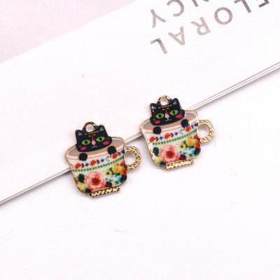 Amestecați 10 buc/pachet cești drăguțe imprimate din aliaj de pisici, pandantiv din metal cu animale din desene animate, pentru breloc pentru cercei, fabricarea de bijuterii DIY