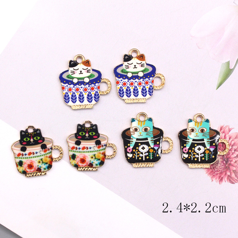 Amestecați 10 buc/pachet cești drăguțe imprimate din aliaj de pisici, pandantiv din metal cu animale din desene animate, pentru breloc pentru cercei, fabricarea de bijuterii DIY