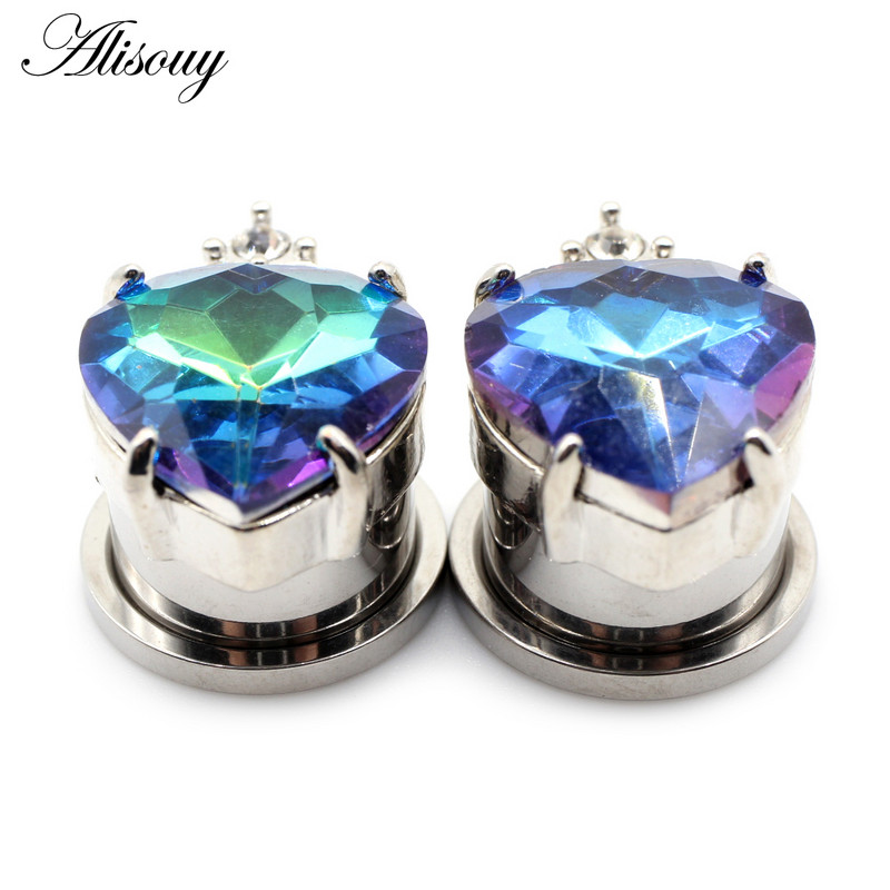 Alisouy 2 buc Oțel inoxidabil Love Heart Cubic Zirconia Cristal Plug de ureche Expander Flesh Tunnel Stretcher Body Piercing Bijuterii