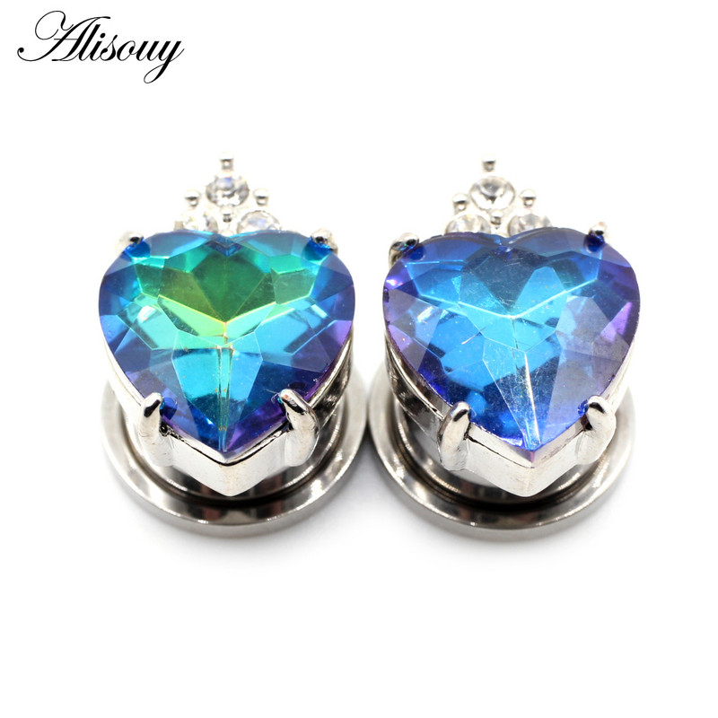 Alisouy 2 buc Oțel inoxidabil Love Heart Cubic Zirconia Cristal Plug de ureche Expander Flesh Tunnel Stretcher Body Piercing Bijuterii