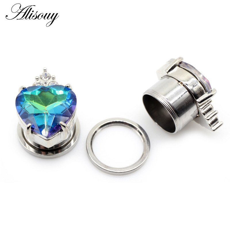Alisouy 2 buc Oțel inoxidabil Love Heart Cubic Zirconia Cristal Plug de ureche Expander Flesh Tunnel Stretcher Body Piercing Bijuterii