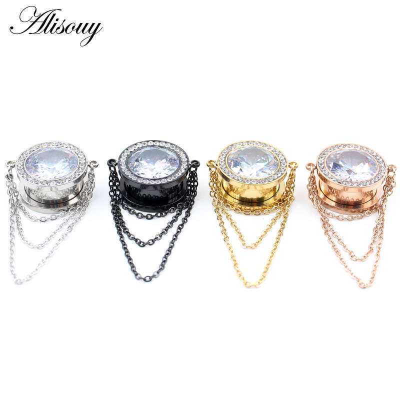 Alisouy 2PCS od nehrđajućeg čelika cirkon kristalni lanac privjesak čepić za uši Tunel Expander Fles Stretcher Mjerači Nakit za piercing