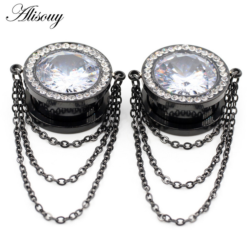 Alisouy 2PCS od nehrđajućeg čelika cirkon kristalni lanac privjesak čepić za uši Tunel Expander Fles Stretcher Mjerači Nakit za piercing