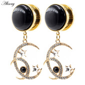 Alisouy 2 bucăți din oțel inoxidabil piatră cristal luna stea pandantiv dopuri pentru urechi tuneluri extensie targi calibre Piercing bijuterii pentru corp