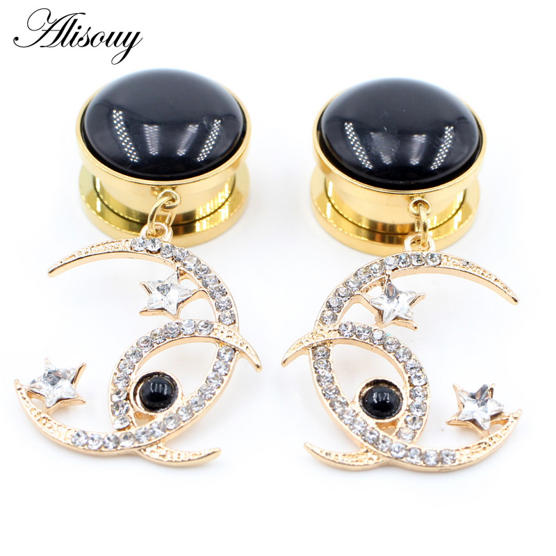 Alisouy 2 bucăți din oțel inoxidabil piatră cristal luna stea pandantiv dopuri pentru urechi tuneluri extensie targi calibre Piercing bijuterii pentru corp