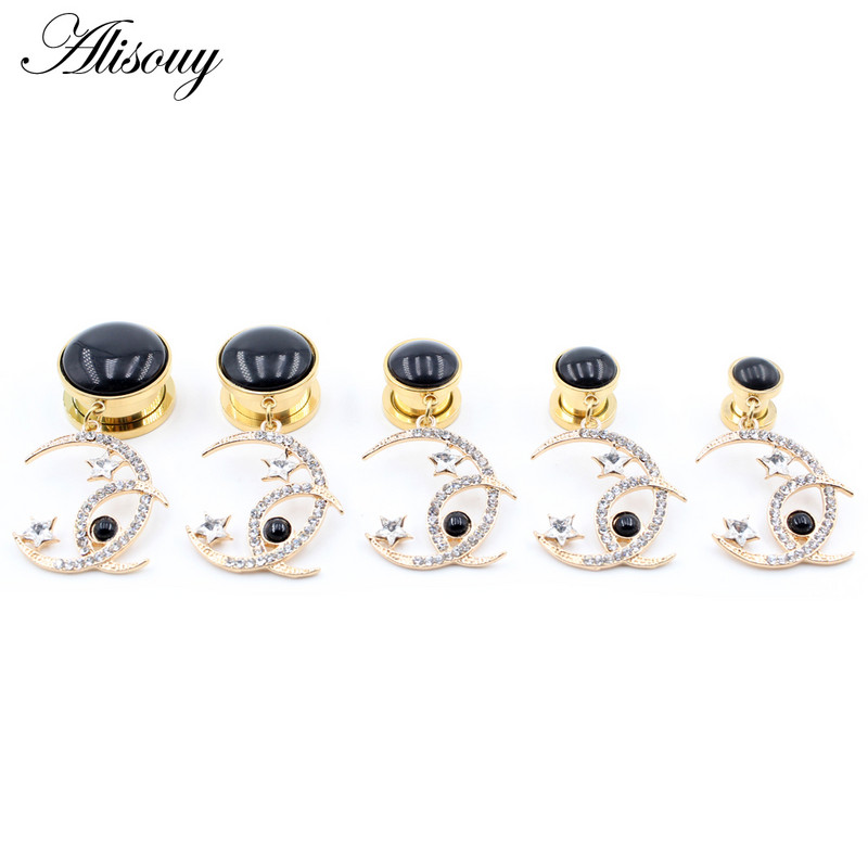 Alisouy 2 bucăți din oțel inoxidabil piatră cristal luna stea pandantiv dopuri pentru urechi tuneluri extensie targi calibre Piercing bijuterii pentru corp