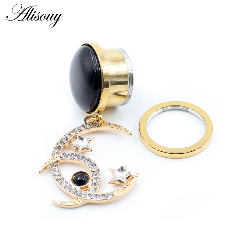 Alisouy 2 bucăți din oțel inoxidabil piatră cristal luna stea pandantiv dopuri pentru urechi tuneluri extensie targi calibre Piercing bijuterii pentru corp