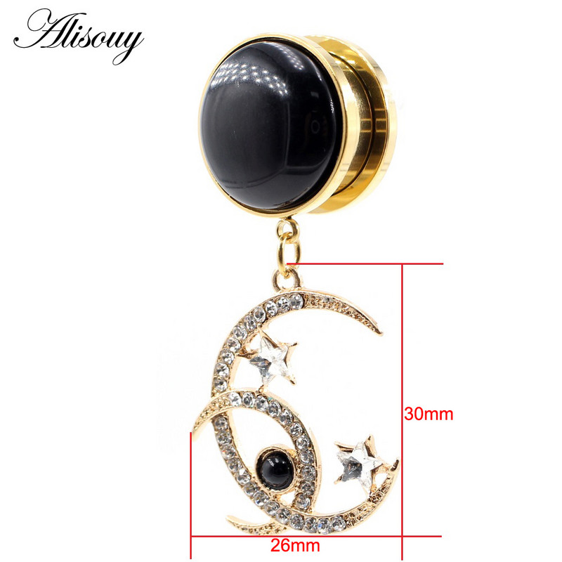 Alisouy 2 bucăți din oțel inoxidabil piatră cristal luna stea pandantiv dopuri pentru urechi tuneluri extensie targi calibre Piercing bijuterii pentru corp