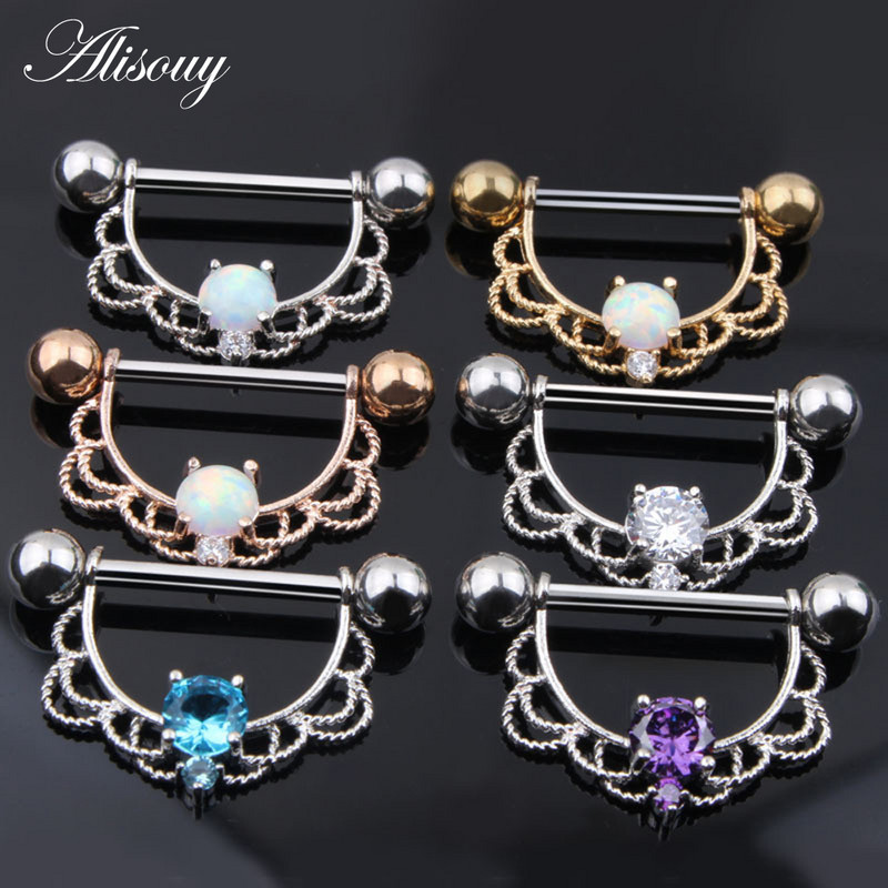 Alisouy 316L Oțel Chirurgical Zircon Opal Fată Sexy Mamelon Inel Bijuterii Corp Mamelon Barbell Body Piercing Bijuterii Bar Femei