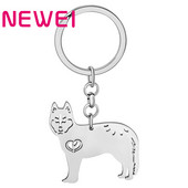NEWEI Breloc chei din oțel inoxidabil placat cu argint, brelocuri pentru câini husky siberian, geantă cu chei de mașină, bijuterii cu pandantiv cu animale pentru femei, cadouri