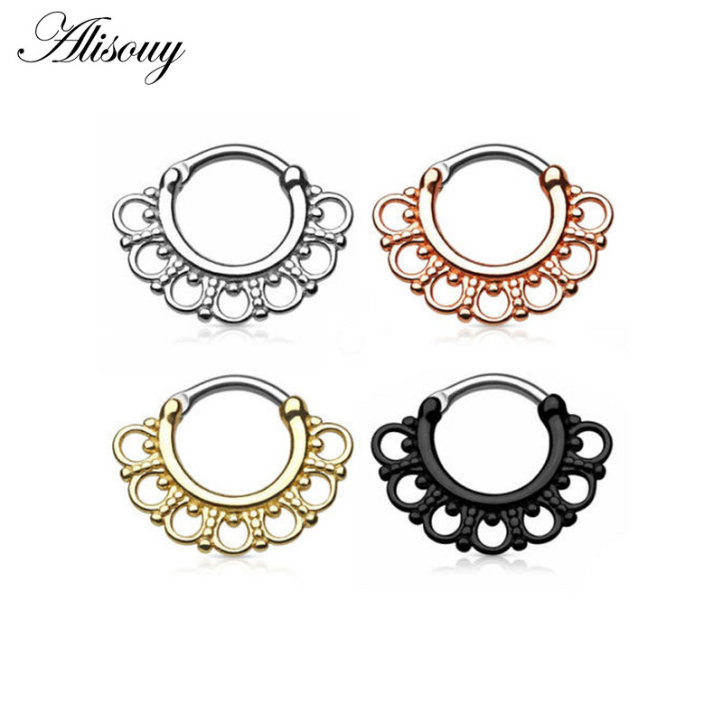 Alisouy Fashion 1 bucată din titan tribal cu balamale zirconi septum nas inel Clicker cartilaj ureche cercei fermecător bijuterii 16g