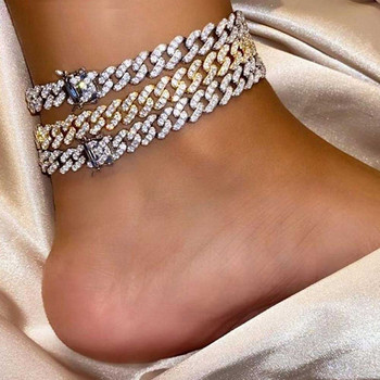 Flatfoosie Hip Hop Cuban Link Anklet for Women Gold Silver Color Bling Iced Out Rhinestone Anklet On Foot Barefoot Jewelry