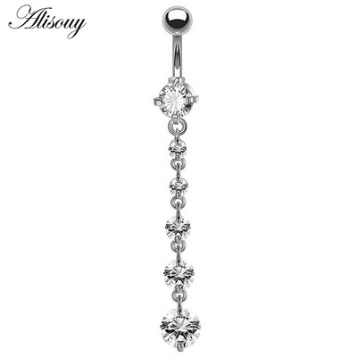 Alisouy 1 buc. Inele lungi pentru buric, umplute cu cristale transparente, cu zirconiu, sexy, de culoare aurie, piercing pentru dans feminin, bijuterii pentru corp