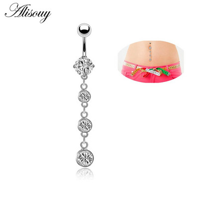 Alisouy 1 buc. Inele lungi pentru buric, umplute cu cristale transparente, cu zirconiu, sexy, de culoare aurie, piercing pentru dans feminin, bijuterii pentru corp