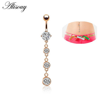 Alisouy 1 buc. Inele lungi pentru buric, umplute cu cristale transparente, cu zirconiu, sexy, de culoare aurie, piercing pentru dans feminin, bijuterii pentru corp