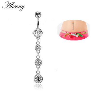 Alisouy 1 buc. Inele lungi pentru buric, umplute cu cristale transparente, cu zirconiu, sexy, de culoare aurie, piercing pentru dans feminin, bijuterii pentru corp