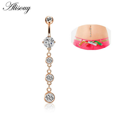 Alisouy 1 buc. Inele lungi pentru buric, umplute cu cristale transparente, cu zirconiu, sexy, de culoare aurie, piercing pentru dans feminin, bijuterii pentru corp