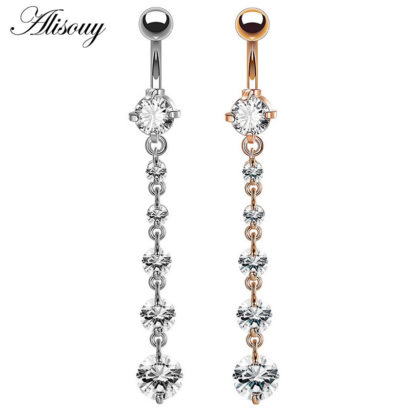 Alisouy 1 buc. Inele lungi pentru buric, umplute cu cristale transparente, cu zirconiu, sexy, de culoare aurie, piercing pentru dans feminin, bijuterii pentru corp