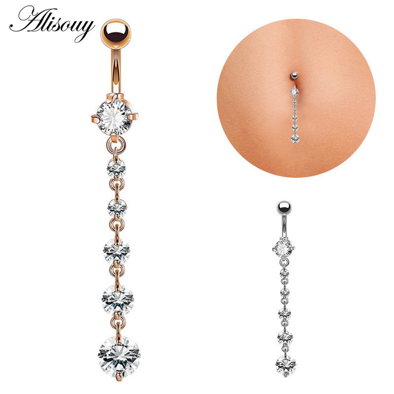 Alisouy 1 buc. Inele lungi pentru buric, umplute cu cristale transparente, cu zirconiu, sexy, de culoare aurie, piercing pentru dans feminin, bijuterii pentru corp