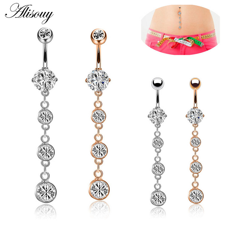 Alisouy 1 buc. Inele lungi pentru buric, umplute cu cristale transparente, cu zirconiu, sexy, de culoare aurie, piercing pentru dans feminin, bijuterii pentru corp