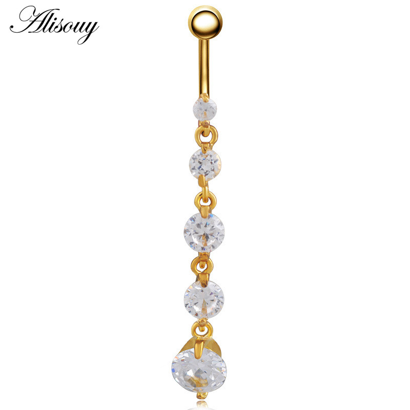 Alisouy 1 buc. Inele lungi pentru buric, umplute cu cristale transparente, cu zirconiu, sexy, de culoare aurie, piercing pentru dans feminin, bijuterii pentru corp