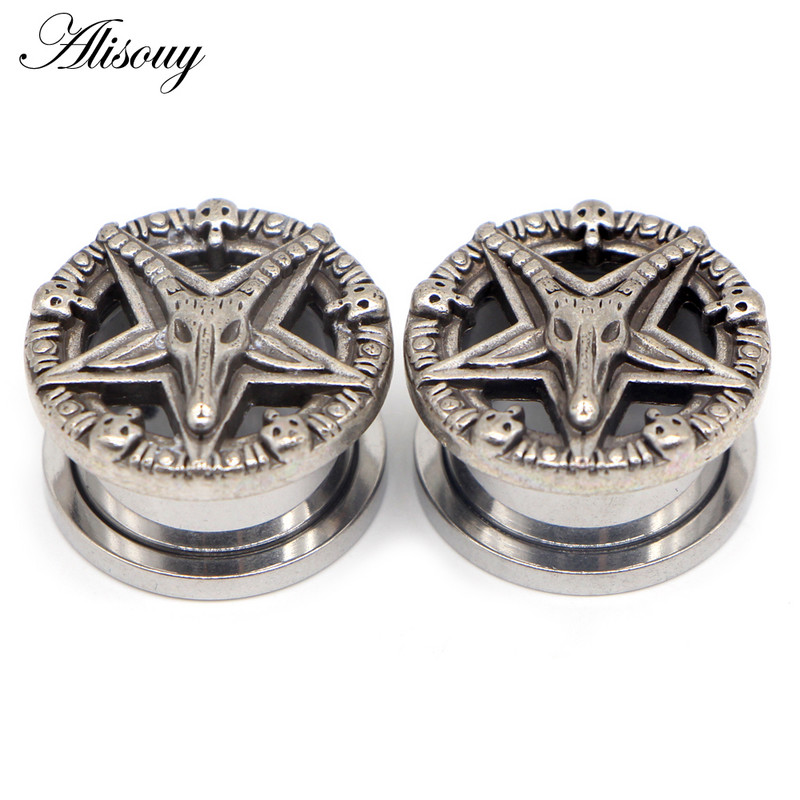 Alisouy 2 buc din oțel inoxidabil Craniu Star Scripete Tuneluri pentru urechi Strechers Piercing dopuri pentru urechi Bijuterii pentru corp Femei Barbati cadou