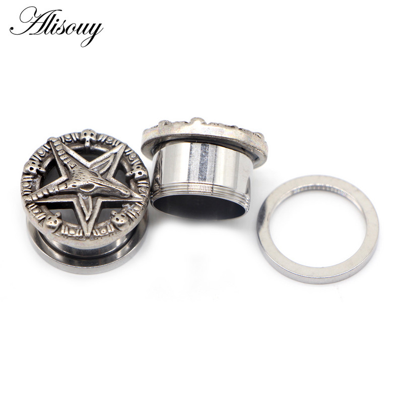 Alisouy 2 buc din oțel inoxidabil Craniu Star Scripete Tuneluri pentru urechi Strechers Piercing dopuri pentru urechi Bijuterii pentru corp Femei Barbati cadou