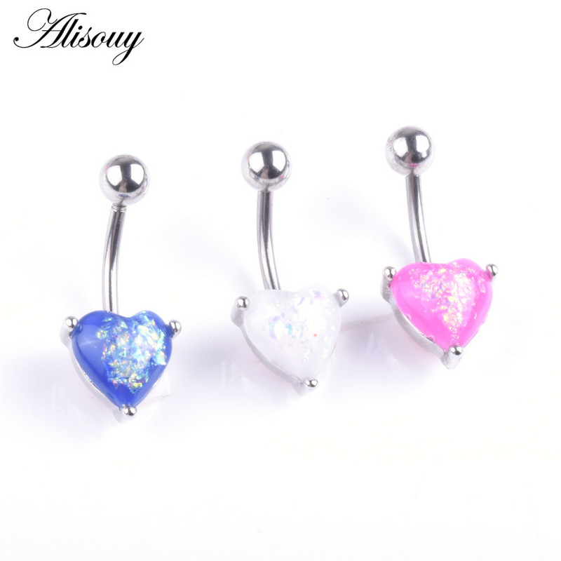 Alisouy, inele antialergice pentru buric, inele pentru buric, inimă opal, unghii, din oțel inoxidabil, inele pentru buric, bijuterii pentru piercing pentru corp.