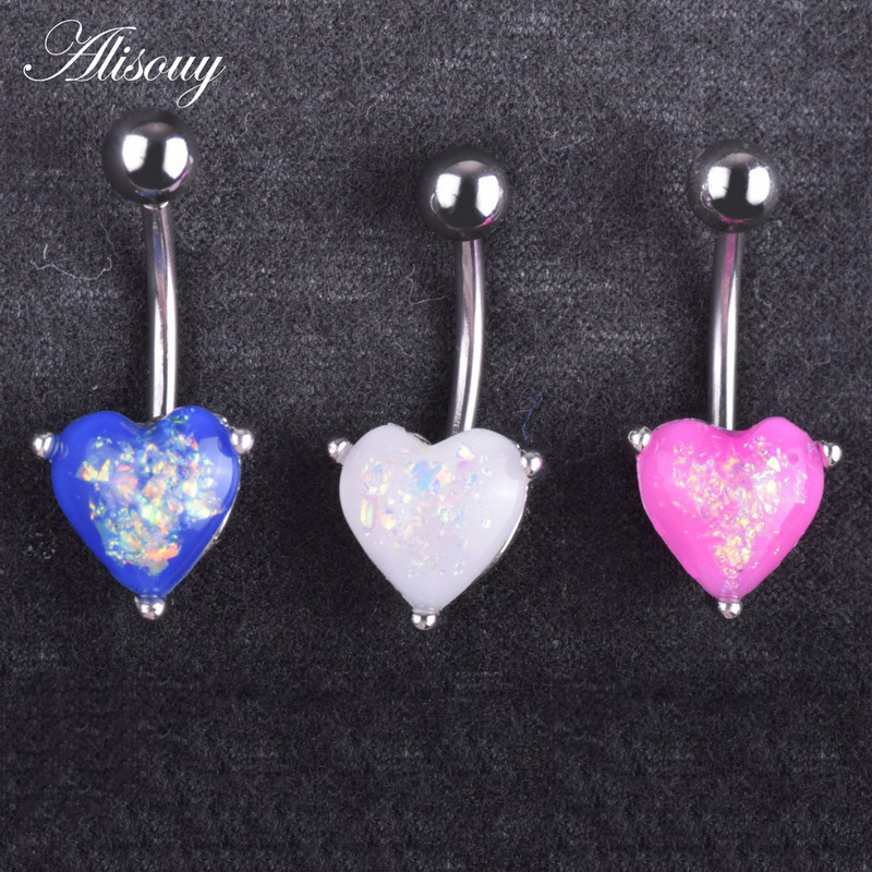 Alisouy, inele antialergice pentru buric, inele pentru buric, inimă opal, unghii, din oțel inoxidabil, inele pentru buric, bijuterii pentru piercing pentru corp.