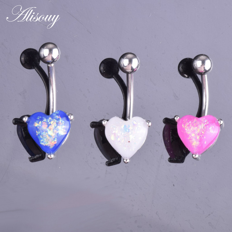 Alisouy, inele antialergice pentru buric, inele pentru buric, inimă opal, unghii, din oțel inoxidabil, inele pentru buric, bijuterii pentru piercing pentru corp.