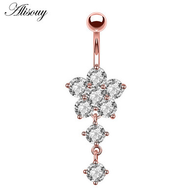 Alisouy New Fashion 1buc Zircon Floare Argintiu Oțel Piercing Buric Inele pentru Buric Piercing Bijuterii pentru corp pentru femei
