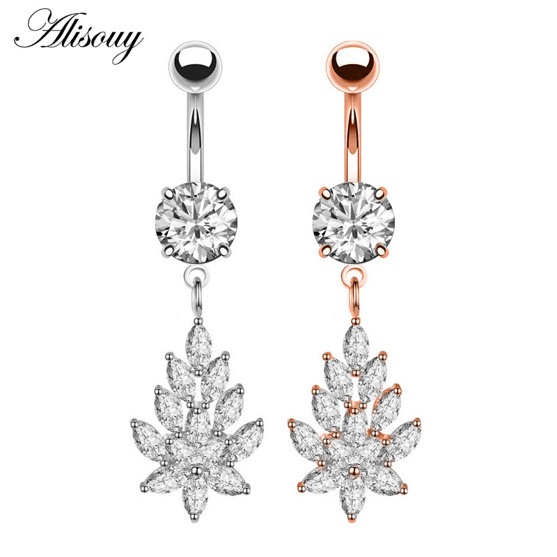 Alisouy New Fashion 1buc Zircon Floare Argintiu Oțel Piercing Buric Inele pentru Buric Piercing Bijuterii pentru corp pentru femei