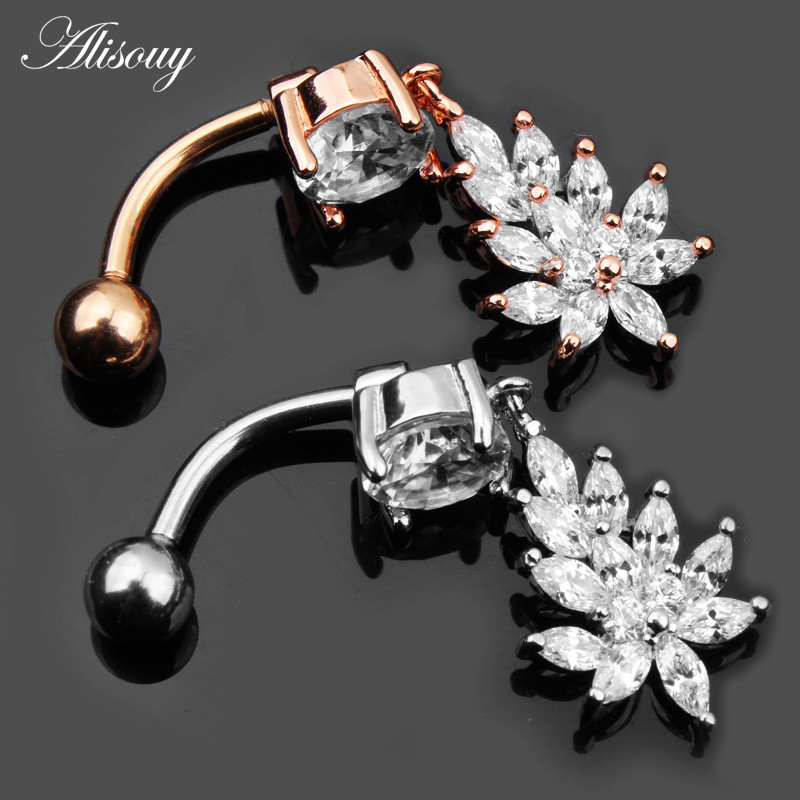 Alisouy New Fashion 1buc Zircon Floare Argintiu Oțel Piercing Buric Inele pentru Buric Piercing Bijuterii pentru corp pentru femei