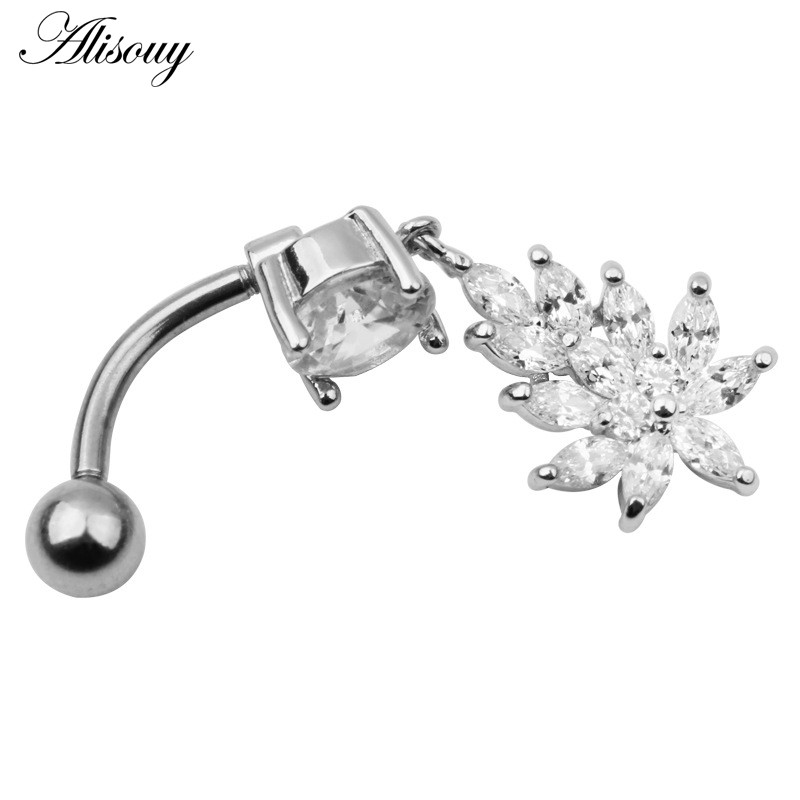 Alisouy New Fashion 1buc Zircon Floare Argintiu Oțel Piercing Buric Inele pentru Buric Piercing Bijuterii pentru corp pentru femei