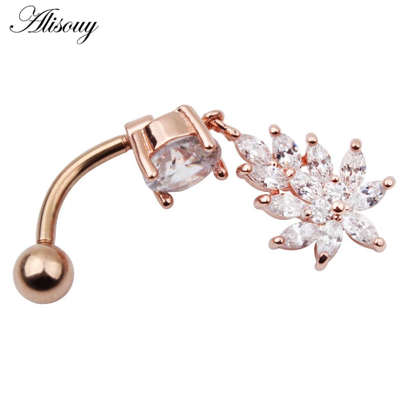 Alisouy New Fashion 1buc Zircon Floare Argintiu Oțel Piercing Buric Inele pentru Buric Piercing Bijuterii pentru corp pentru femei