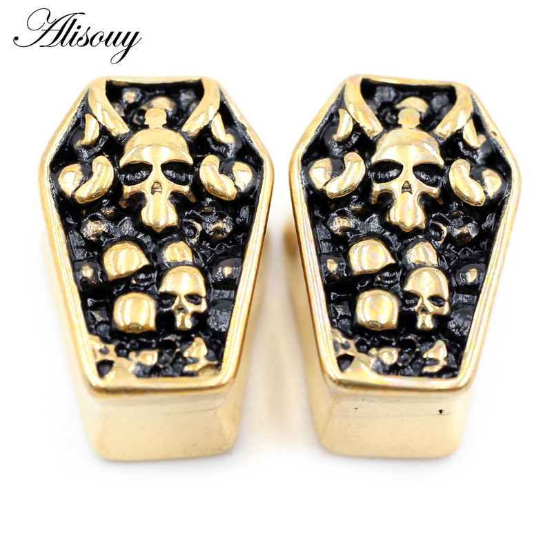 Alisouy 2 bucăți noi schelet sicriu din oțel inoxidabil hexagon craniu tunel urechi dopuri expansor targă calibre corp piercing bijuterii