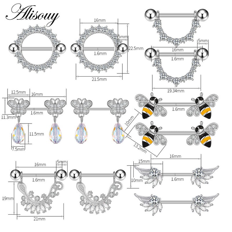 Alisouy 2 buc. Aripă de fluture Gecko Zirconiu Cristal din oțel inoxidabil Sexy Femei Inel pentru mamelon Scut Barbell Piercing Bijuterii pentru corp