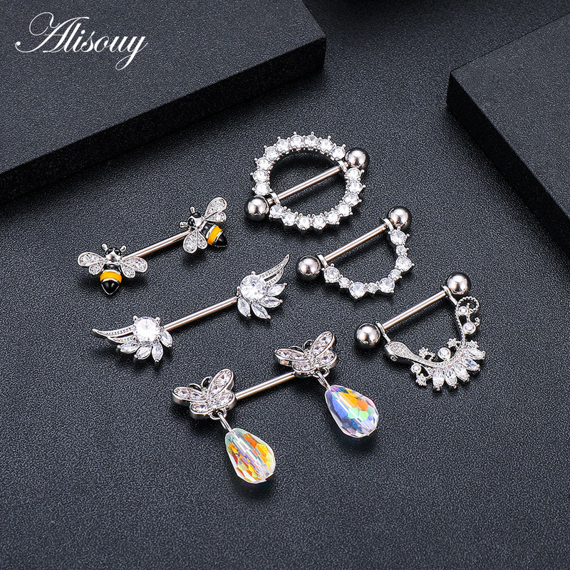 Alisouy 2 buc. Aripă de fluture Gecko Zirconiu Cristal din oțel inoxidabil Sexy Femei Inel pentru mamelon Scut Barbell Piercing Bijuterii pentru corp