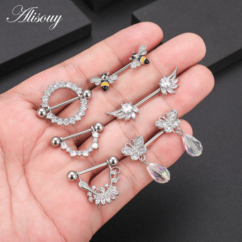 Alisouy 2 buc. Aripă de fluture Gecko Zirconiu Cristal din oțel inoxidabil Sexy Femei Inel pentru mamelon Scut Barbell Piercing Bijuterii pentru corp