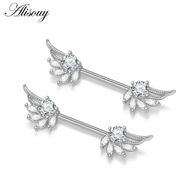 Alisouy 2 buc. Aripă de fluture Gecko Zirconiu Cristal din oțel inoxidabil Sexy Femei Inel pentru mamelon Scut Barbell Piercing Bijuterii pentru corp