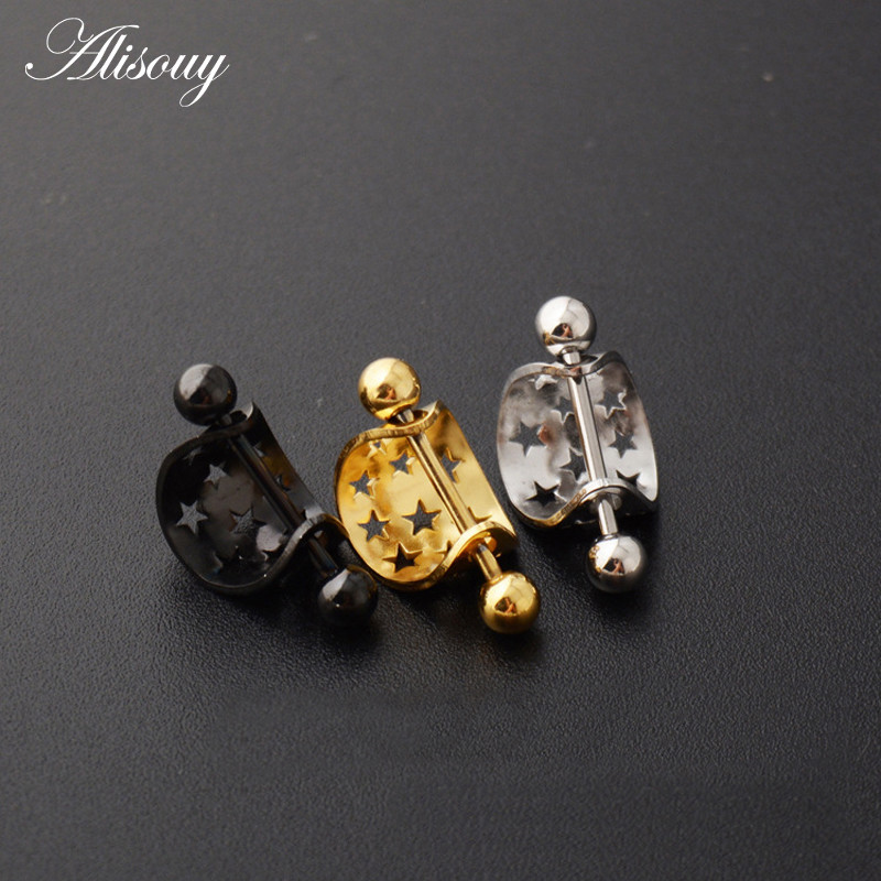 Alisouy, 1 bucată, stea de modă, din oțel inoxidabil, culoare neagră, aur, cu mreană, în formă de U, inel sexy pentru mamelon, bijuterii pentru piercing pentru corp pentru femei