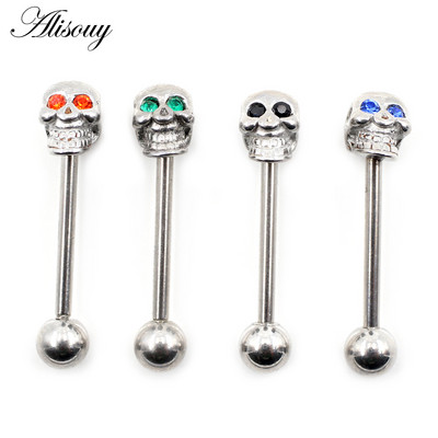 Alisouy 1PC Punk Unisex Minge Craniu Zircon Inele Limba Oțel Inoxidabil Bare Fete 14G Barbell Industrial Piercing Bijuterii pentru corp