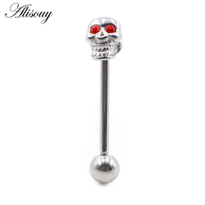 Alisouy 1PC Punk Unisex Kamuolinė kaukolė Cirkonas Nerūdijančio plieno Liežuvis Žiedai Strypai Merginos 14G Pramoninės Štangos Auskarų vėrimas Kūno Papuošalai
