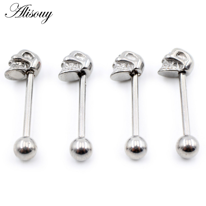 Alisouy 1PC Punk Unisex Kamuolinė kaukolė Cirkonas Nerūdijančio plieno Liežuvis Žiedai Strypai Merginos 14G Pramoninės Štangos Auskarų vėrimas Kūno Papuošalai