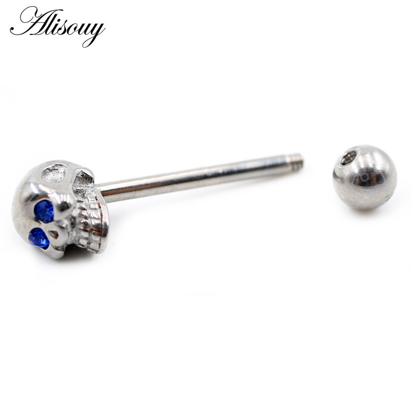 Alisouy 1PC Punk Unisex Kamuolinė kaukolė Cirkonas Nerūdijančio plieno Liežuvis Žiedai Strypai Merginos 14G Pramoninės Štangos Auskarų vėrimas Kūno Papuošalai