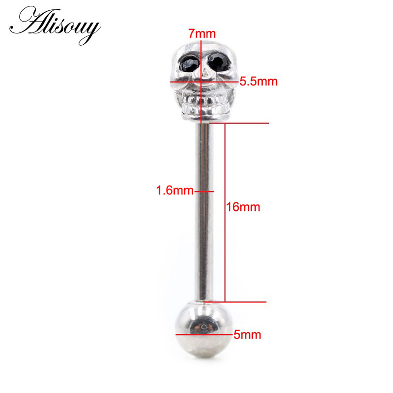 Alisouy 1PC Punk Unisex Kamuolinė kaukolė Cirkonas Nerūdijančio plieno Liežuvis Žiedai Strypai Merginos 14G Pramoninės Štangos Auskarų vėrimas Kūno Papuošalai