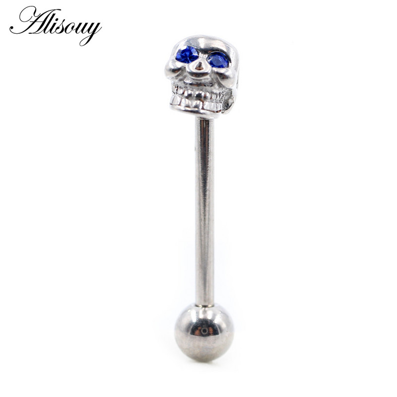 Alisouy 1PC Punk Unisex Kamuolinė kaukolė Cirkonas Nerūdijančio plieno Liežuvis Žiedai Strypai Merginos 14G Pramoninės Štangos Auskarų vėrimas Kūno Papuošalai